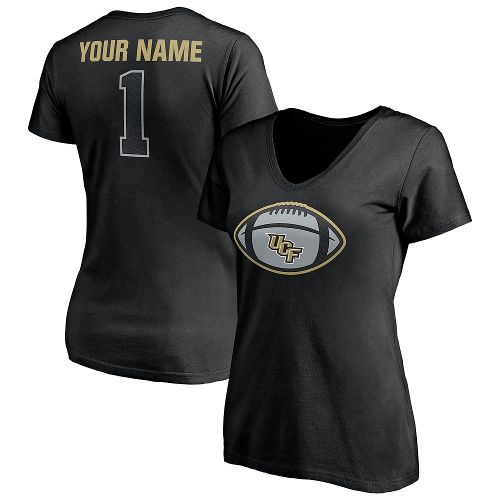 Women's Black UCF Knights Game Ball Football Personalized Name V-Neck T-Shirt
