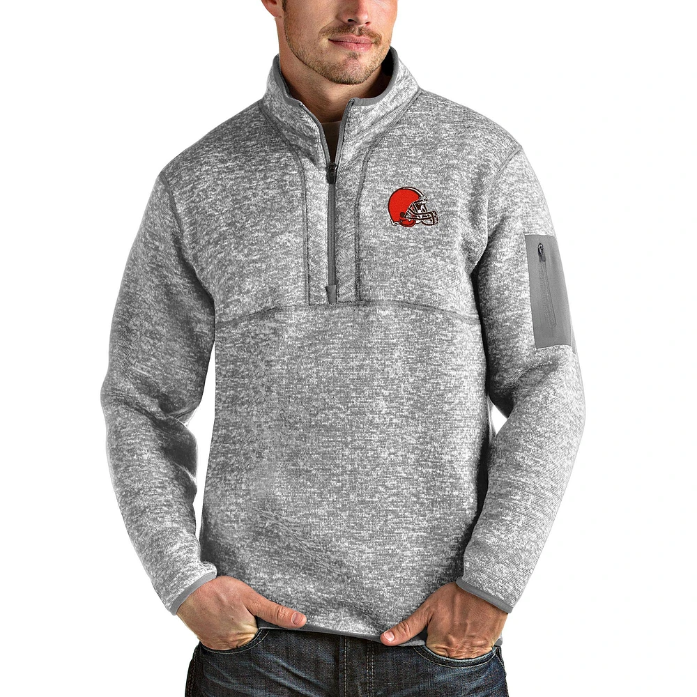Men's Antigua Heather Gray Cleveland Browns Team Logo Fortune Quarter-Zip Pullover Jacket