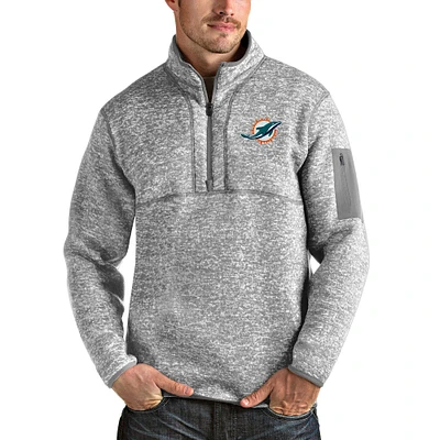 Men's Antigua Heather Gray Miami Dolphins Team Logo Fortune Quarter-Zip Pullover Jacket