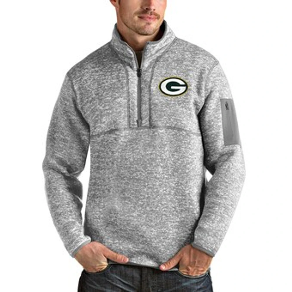 Men's Antigua Heather Gray Green Bay Packers Team Logo Fortune Quarter-Zip Pullover Jacket