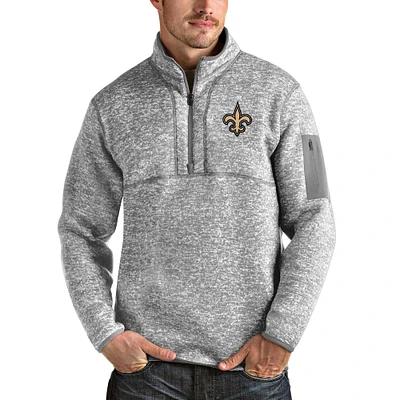 Men's Antigua Heather Gray New Orleans Saints Team Logo Fortune Quarter-Zip Pullover Jacket