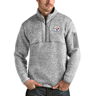 Men's Antigua Heather Gray Pittsburgh Steelers Team Logo Fortune Quarter-Zip Pullover Jacket