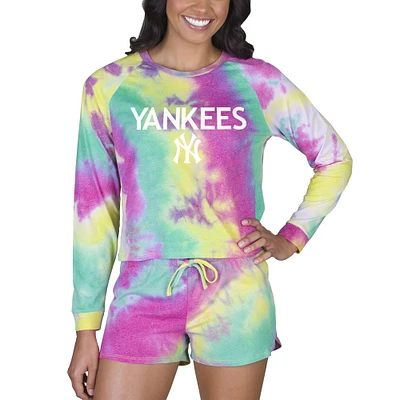 Women's Concepts Sport New York Yankees Velodrome Tie-Dye Long Sleeve Top & Shorts Set