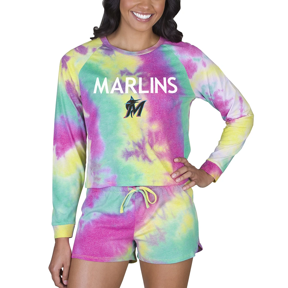 Women's Concepts Sport Miami Marlins Velodrome Tie-Dye Long Sleeve Top & Shorts Set