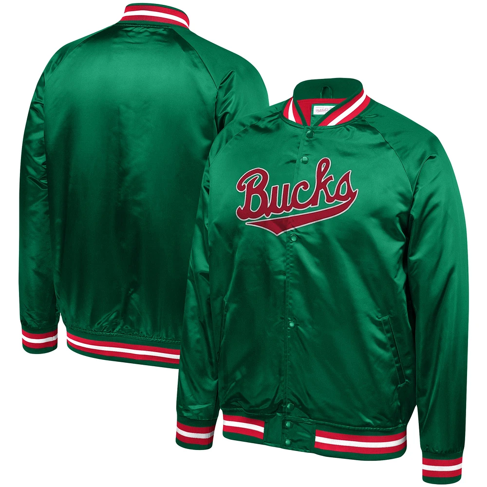 Men's Mitchell & Ness Hunter Green Milwaukee Bucks Throwback Wordmark Satin Full-Snap Raglan Jacket