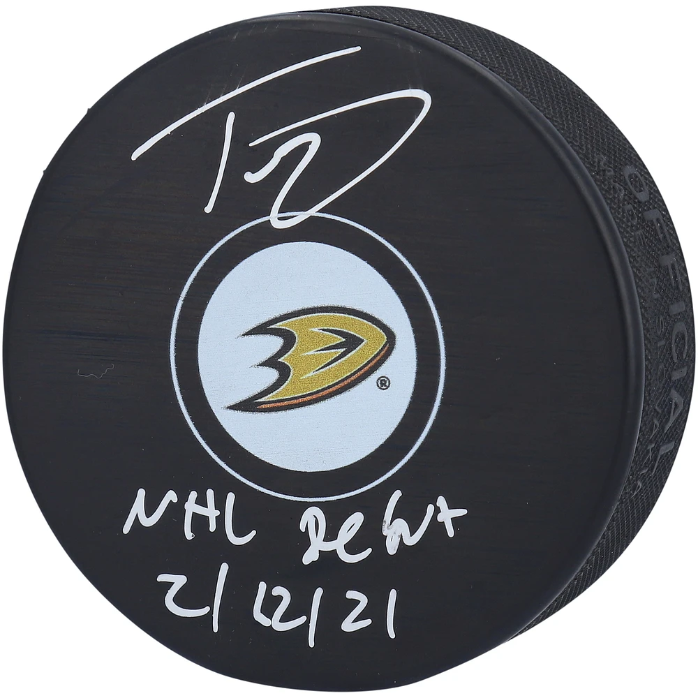 Trevor Zegras Anaheim Ducks Autographed Hockey Puck with "NHL Debut 2/22/21" Inscription