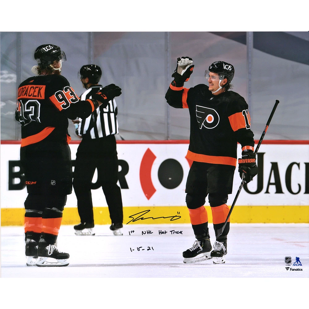 Travis Konecny Philadelphia Flyers Autographed 16" x 20" Hat Trick Celebration Photograph with "1st NHL Hat Trick 1/15/21" Inscription