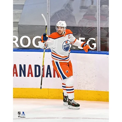 Connor McDavid Edmonton Oilers Unsigned White Reverse Retro Jersey Goal Celebration Photograph