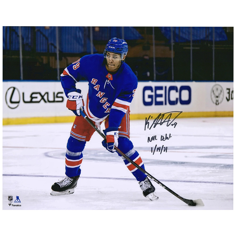 K'Andre Miller New York Rangers Autographed 16'' x 20'' NHL Debut Skating Photograph with "NHL Debut 1/14/21" Inscription