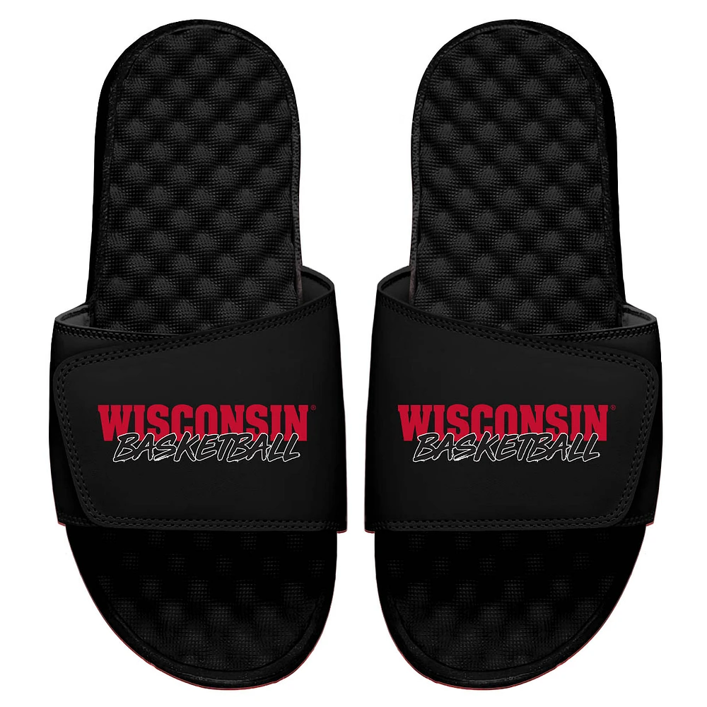 Youth ISlide Black Wisconsin Badgers Basketball Stacked Slide Sandals