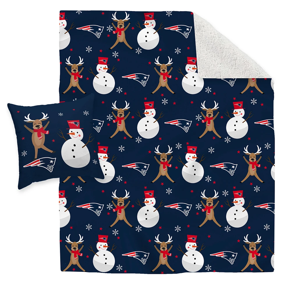 New England Patriots Holiday Reindeer Blanket and Pillow Combo Set