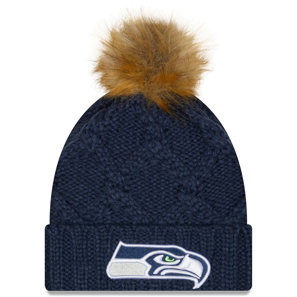 Women's New Era College Navy Seattle Seahawks Luxe Cuffed Knit Hat with Pom