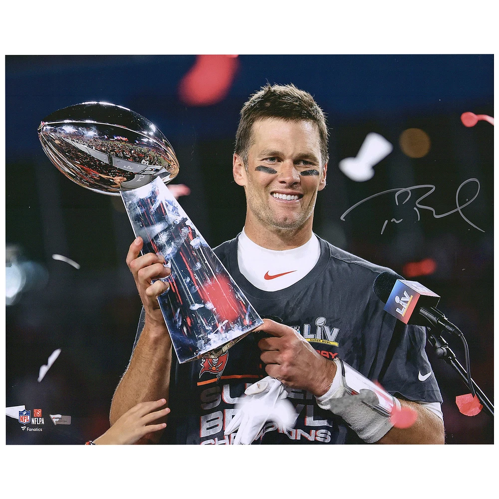 Tom Brady Tampa Bay Buccaneers Autographed 16" x 20" Super Bowl LV Trophy Photograph
