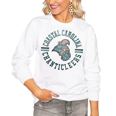 Women's Gameday Couture White Coastal Carolina Chanticleers Oversized Vintage Days Perfect Crew Sweatshirt