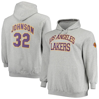 Men's Mitchell & Ness Magic Johnson Heathered Gray Los Angeles Lakers Big Tall Name Number Pullover Hoodie