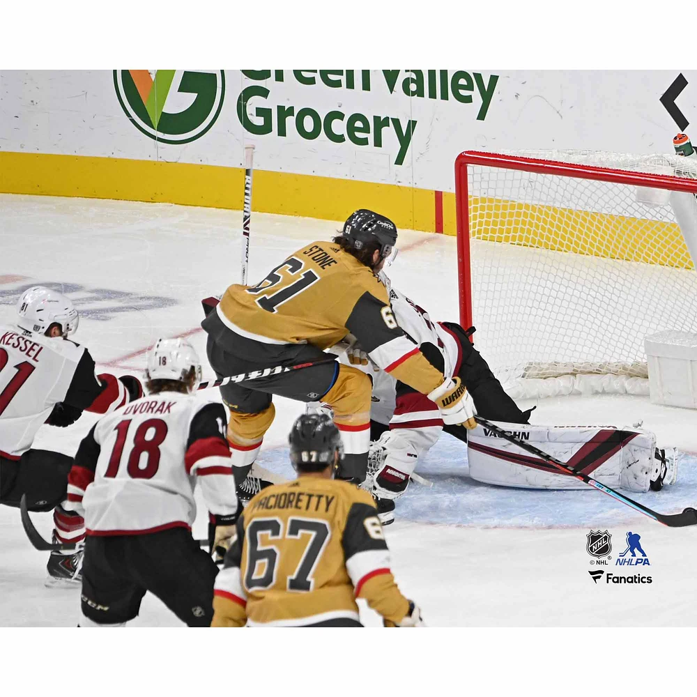 Mark Stone Vegas Golden Knights Unsigned Gold Alternate Jersey Scoring on Net vs. Arizona Coyotes Photograph