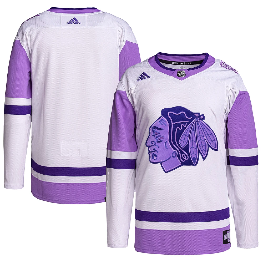Men's adidas White/Purple Chicago Blackhawks Hockey Fights Cancer Primegreen Authentic Blank Practice Jersey