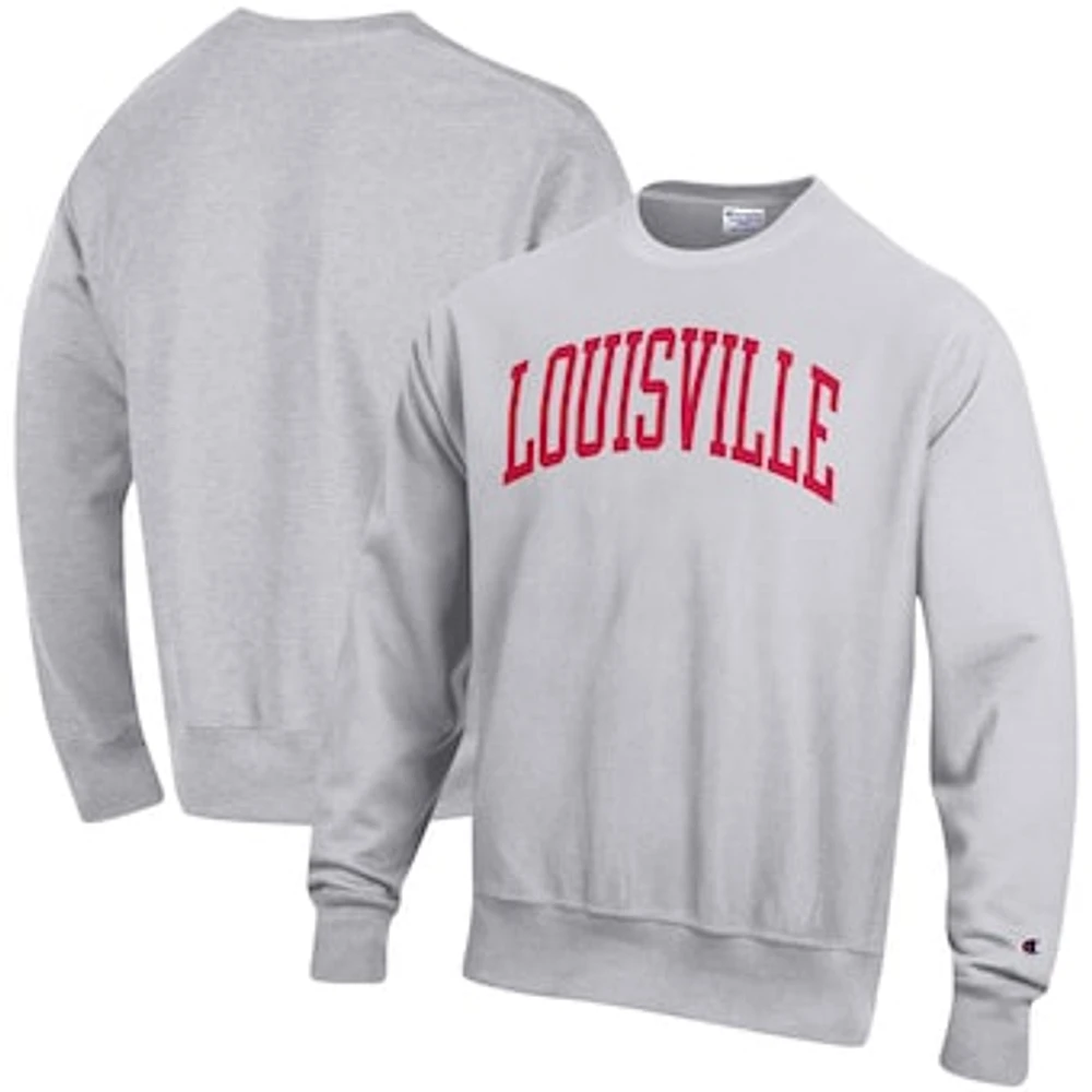 Men's Champion Heather Gray Louisville Cardinals Relaxed Fit Arch Reverse Weave Pullover Sweatshirt