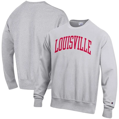 Men's Champion Heather Gray Louisville Cardinals Relaxed Fit Arch Reverse Weave Pullover Sweatshirt