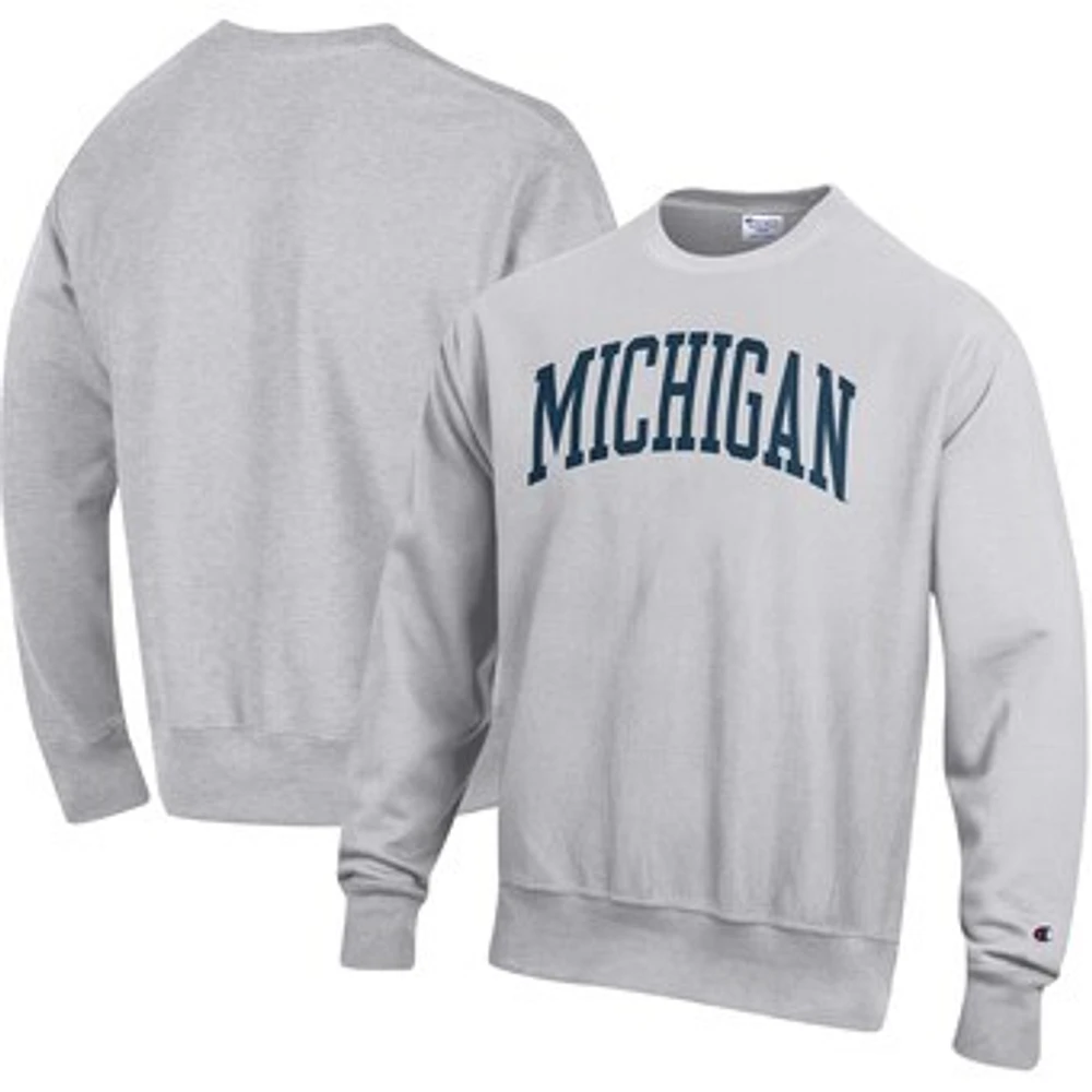Men's Champion Heather Gray Michigan Wolverines Relaxed Fit Arch Reverse Weave Pullover Sweatshirt