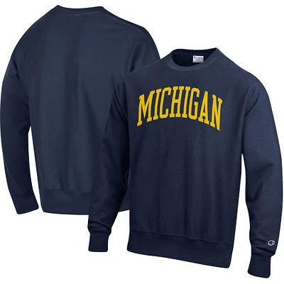Men's Champion Navy Michigan Wolverines Relaxed Fit Arch Reverse Weave Pullover Sweatshirt