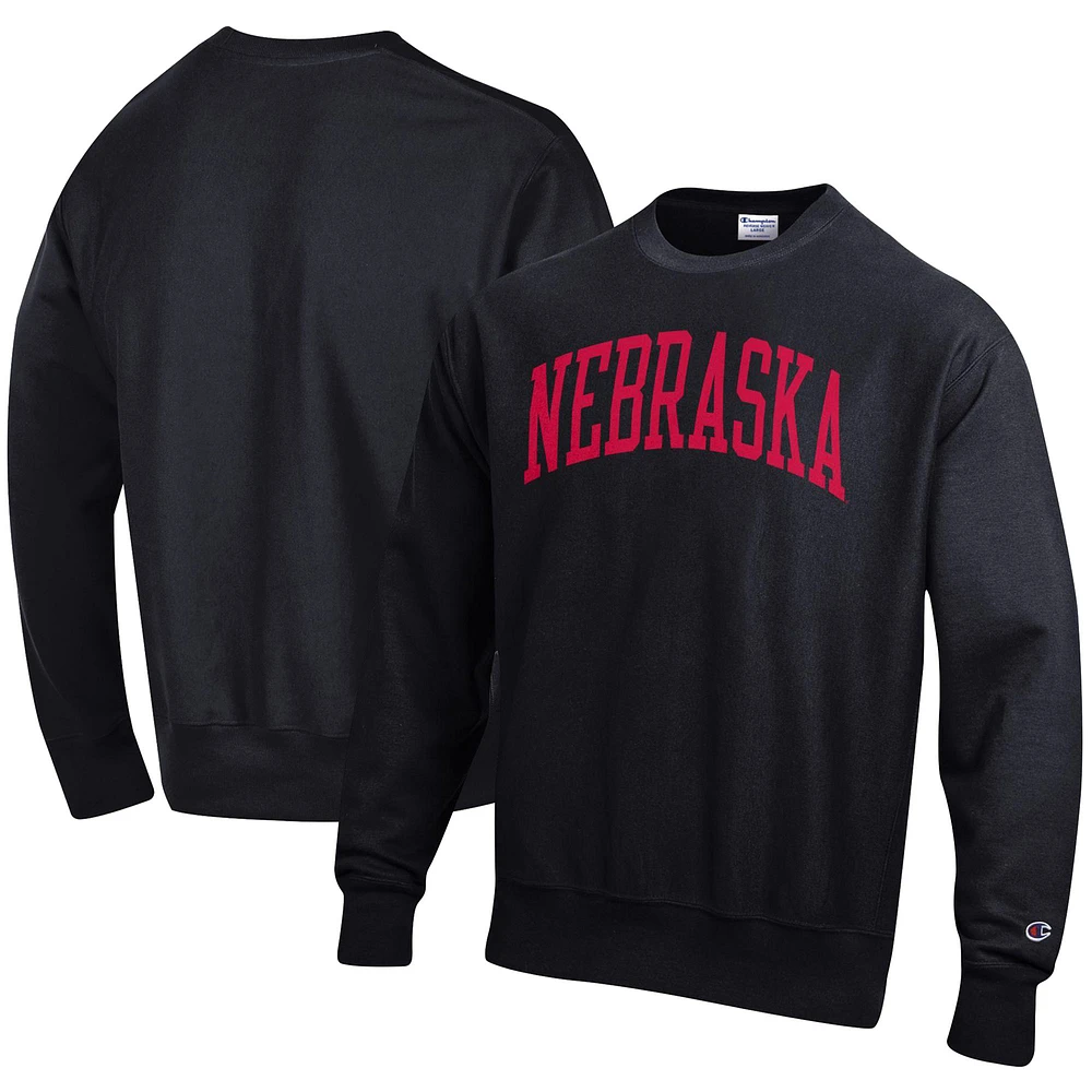 Men's Champion Black Nebraska Huskers Relaxed Fit Arch Reverse Weave Pullover Sweatshirt