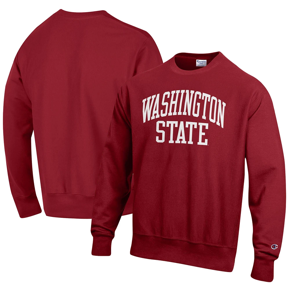 Men's Champion Crimson Washington State Cougars Relaxed Fit Arch Reverse Weave Pullover Sweatshirt