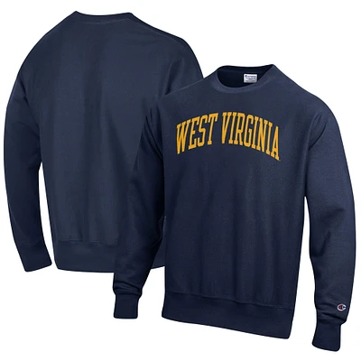 Men's Champion Navy West Virginia Mountaineers Relaxed Fit Arch Reverse Weave Pullover Sweatshirt