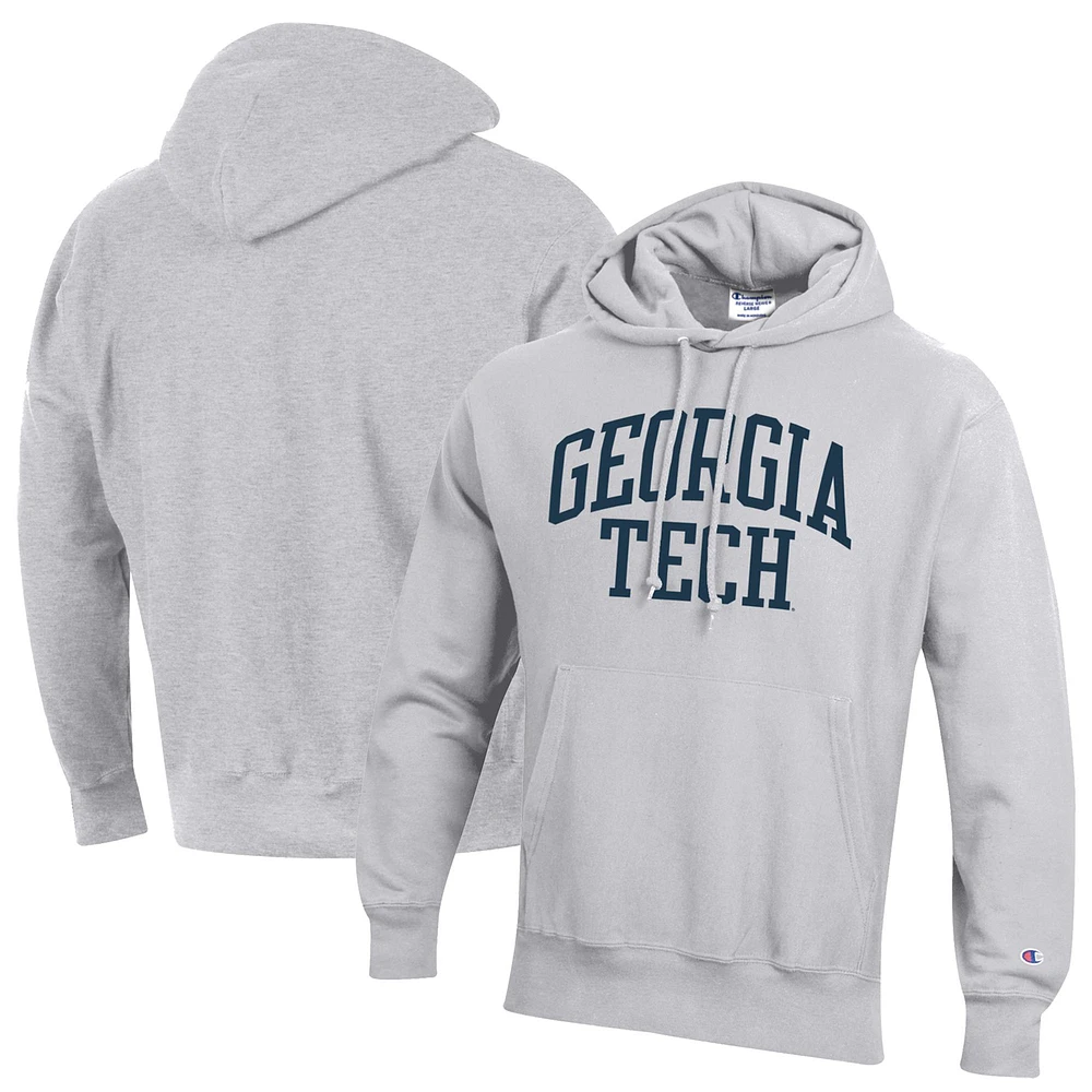 Men's Champion Heather Gray Georgia Tech Yellow Jackets Team Arch Reverse Weave Relaxed Fit Pullover Hoodie