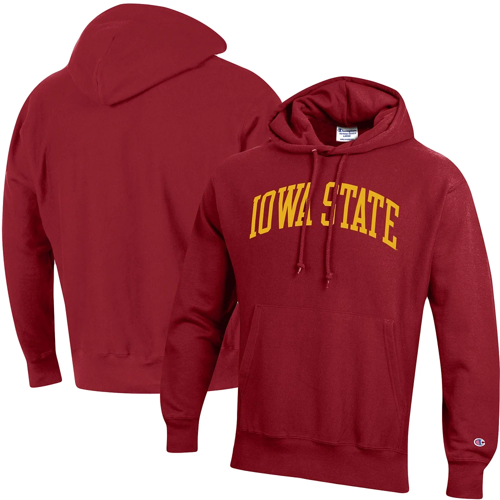 Men's Champion Cardinal Iowa State Cyclones Team Arch Reverse Weave Relaxed Fit Pullover Hoodie