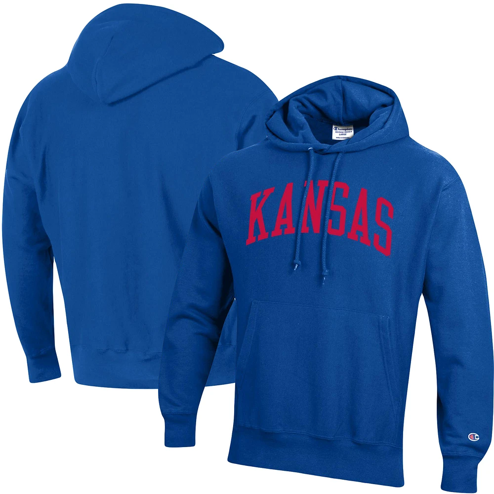 Men's Champion Royal Kansas Jayhawks Team Arch Reverse Weave Relaxed Fit Pullover Hoodie