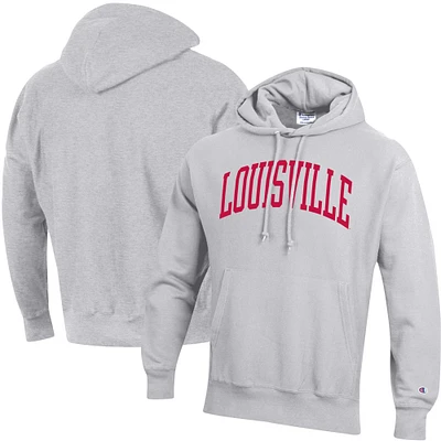 Men's Champion Heather Gray Louisville Cardinals Team Arch Reverse Weave Relaxed Fit Pullover Hoodie