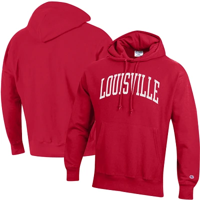 Men's Champion Red Louisville Cardinals Team Arch Reverse Weave Relaxed Fit Pullover Hoodie