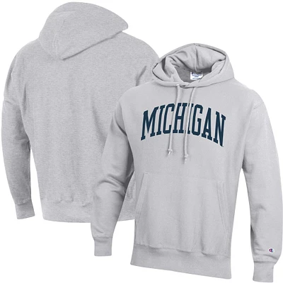 Men's Champion Heather Gray Michigan Wolverines Team Arch Reverse Weave Relaxed Fit Pullover Hoodie