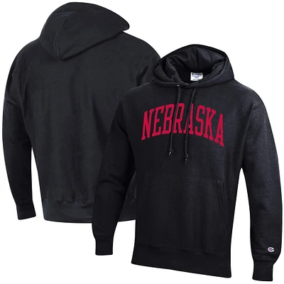 Men's Champion Black Nebraska Huskers Team Arch Reverse Weave Relaxed Fit Pullover Hoodie