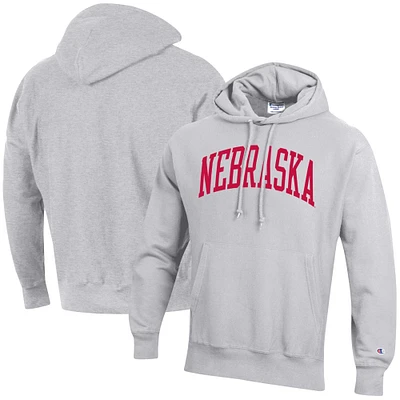 Men's Champion Heather Gray Nebraska Huskers Team Arch Reverse Weave Relaxed Fit Pullover Hoodie