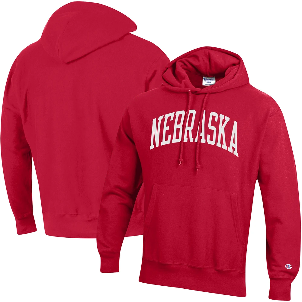 Men's Champion Scarlet Nebraska Huskers Team Arch Reverse Weave Relaxed Fit Pullover Hoodie