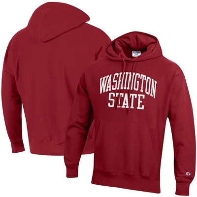 Men's Champion Crimson Washington State Cougars Team Arch Reverse Weave Relaxed Fit Pullover Hoodie