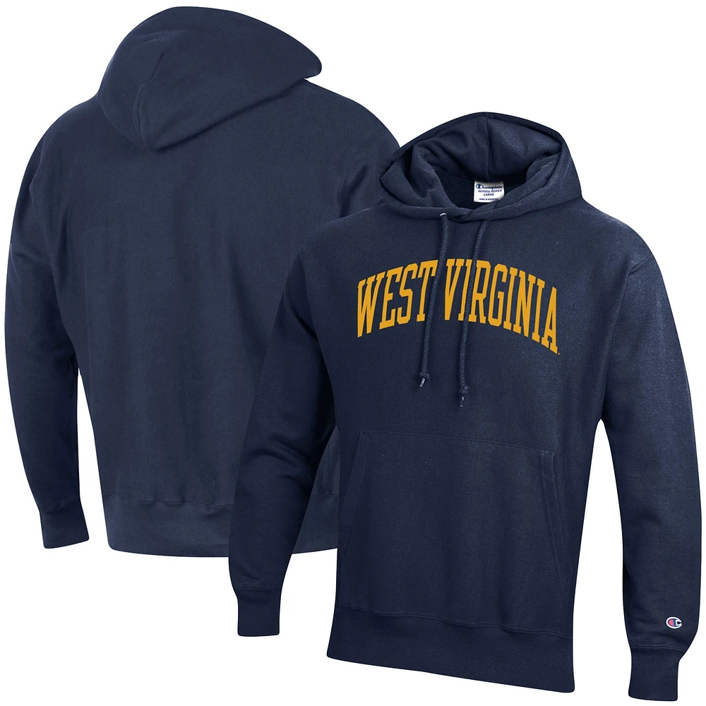 Men's Champion Navy West Virginia Mountaineers Team Arch Reverse Weave Relaxed Fit Pullover Hoodie