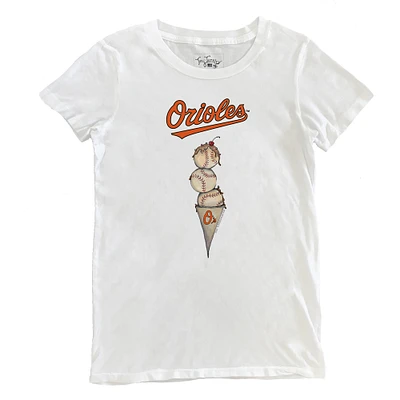 Women's Tiny Turnip White Baltimore Orioles Triple Scoop T-Shirt