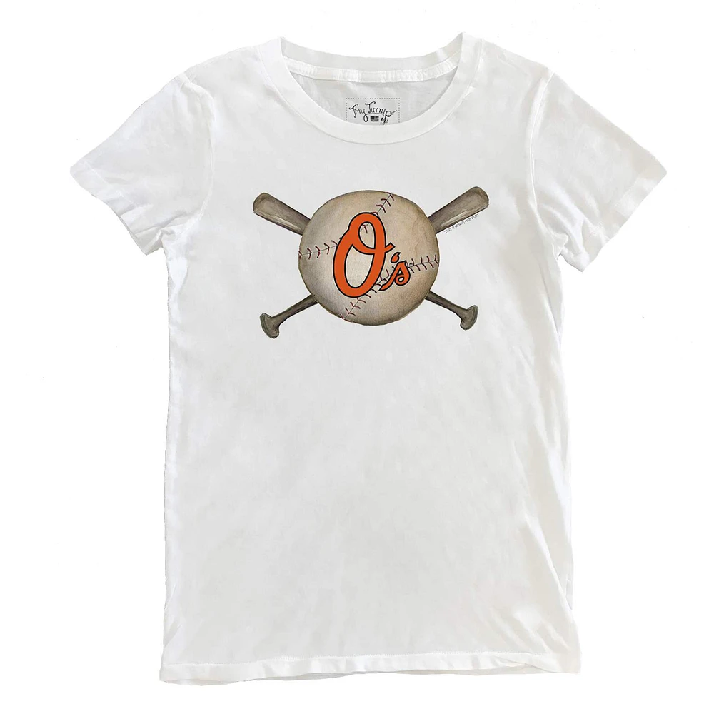 Women's Tiny Turnip White Baltimore Orioles Baseball Crossbats T-Shirt