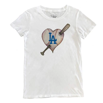 Women's Tiny Turnip White Los Angeles Dodgers Heart Bat T-Shirt