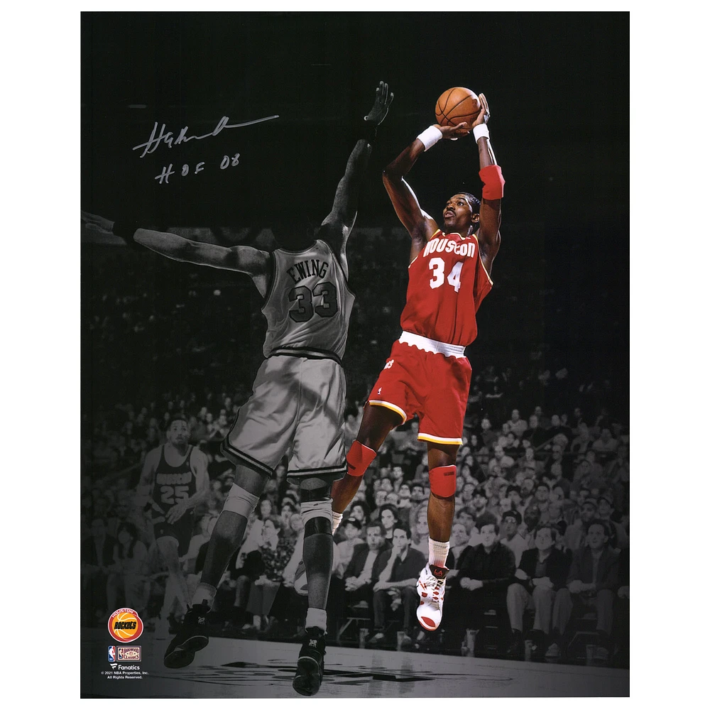 Hakeem Olajuwon Houston Rockets Autographed 16" x 20" Spotlight Shot over Patrick Ewing Photograph with "HOF 08" Inscription