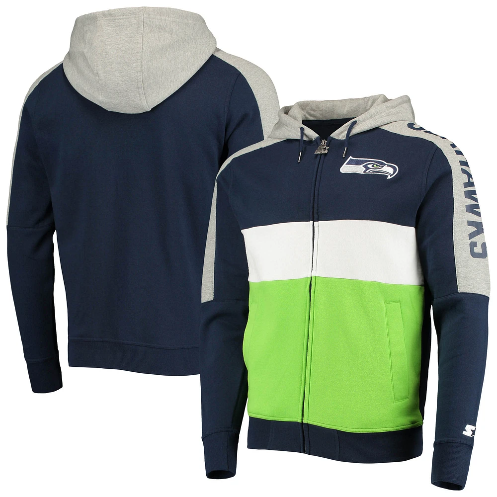 Men's Starter College Navy/Neon Green Seattle Seahawks Playoffs Color Block Full-Zip Hoodie