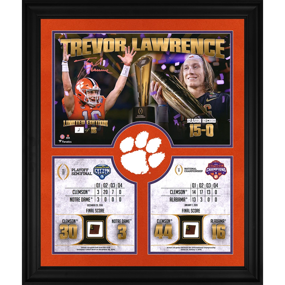 Trevor Lawrence Clemson Tigers Framed Autographed 2018 College Football Playoff Champions Collage with a Piece of Game Used Football from both the 2018 Cotton Bowl and 2019 National Championship Game - Limited Edition of 16