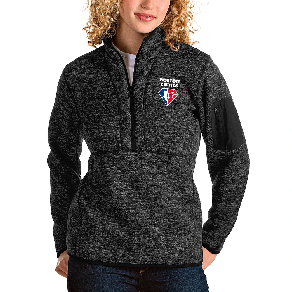 Women's Antigua Heathered Black Boston Celtics NBA 75th Anniversary Fortune Quarter-Zip Pullover Jacket
