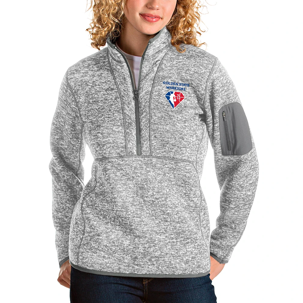 Women's Antigua Heathered Gray Golden State Warriors NBA 75th Anniversary Fortune Quarter-Zip Pullover Jacket