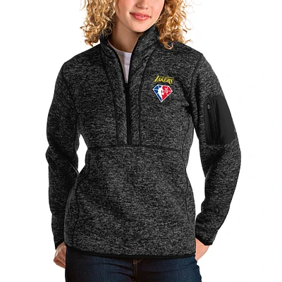 Women's Antigua Heathered Black Los Angeles Lakers NBA 75th Anniversary Fortune Quarter-Zip Pullover Jacket
