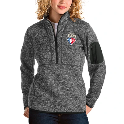 Women's Antigua Heathered Charcoal Milwaukee Bucks NBA 75th Anniversary Fortune Quarter-Zip Pullover Jacket