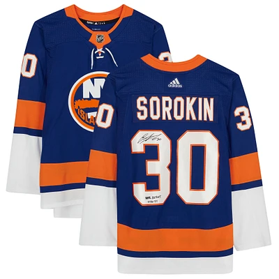 Ilya Sorokin New York Islanders Autographed Blue Adidas Authentic Jersey with "NHL Debut 1/16/21" Inscription